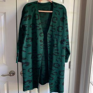 Long Green Leopard Cardi L NWOT